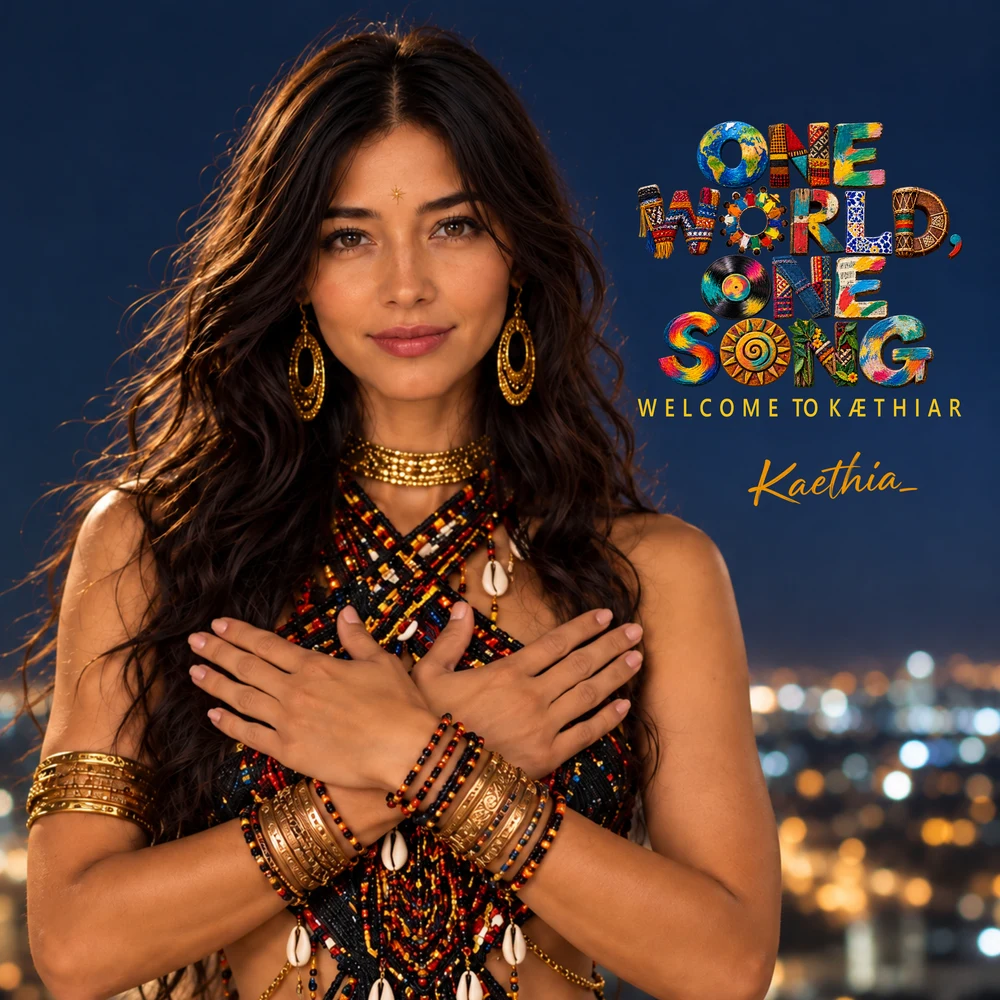 Cover of One World, One Song: Kaethia_ with her arms crossed over her chest, a city at night behind her.