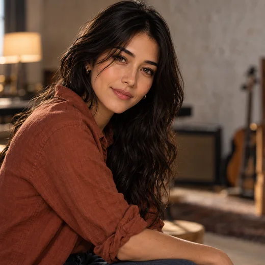 Kaethia_ in a rust linen shirt, seated in a rehearsal room, looking back at the camera.