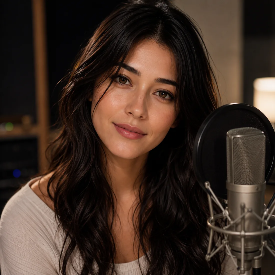 Kaethia_ at a studio microphone, lit from the side.
